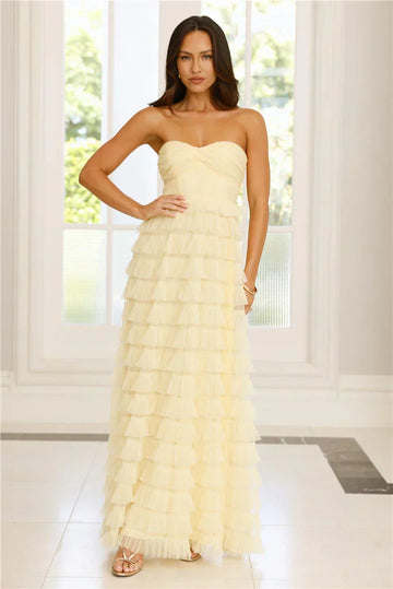 Pale Yellow Strapless Sweetheart Tiered Tulle Ruffle Floor Length Formal Evening Prom Dress