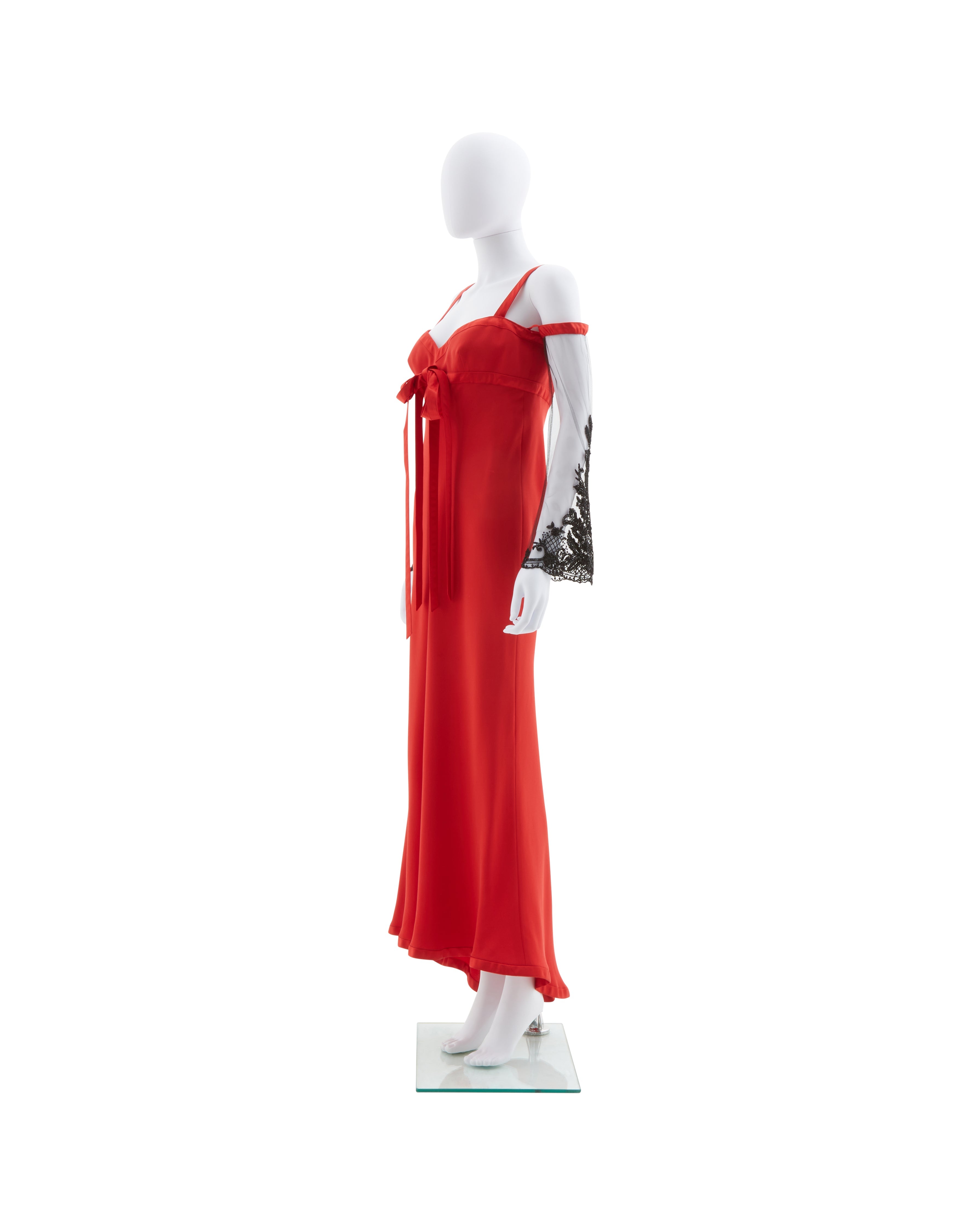 Valentino F/W 2005 Red evening dress with embellished lace sleeves