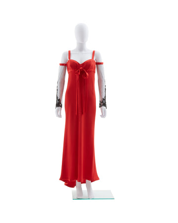 Valentino F/W 2005 Red evening dress with embellished lace sleeves