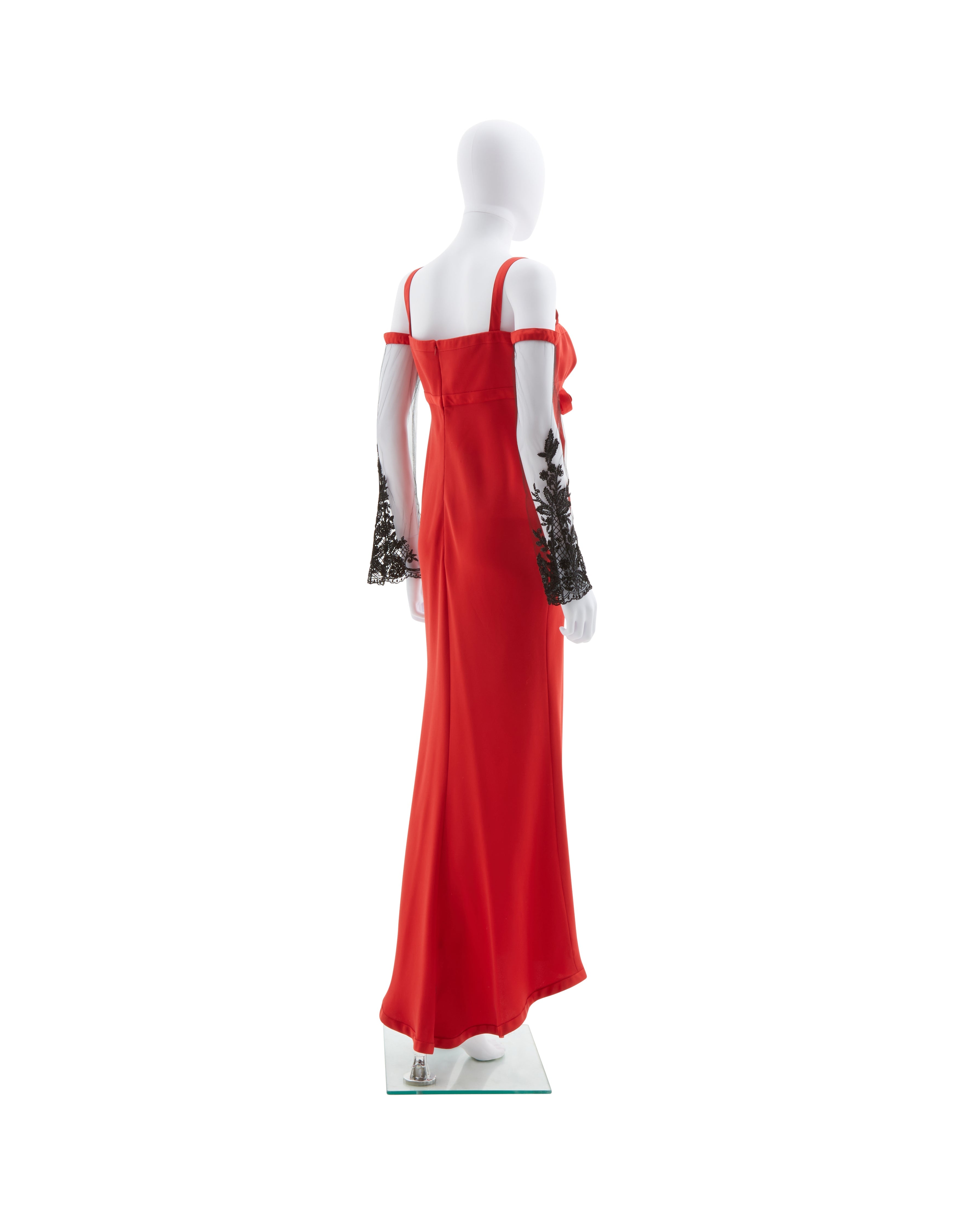 Valentino F/W 2005 Red evening dress with embellished lace sleeves