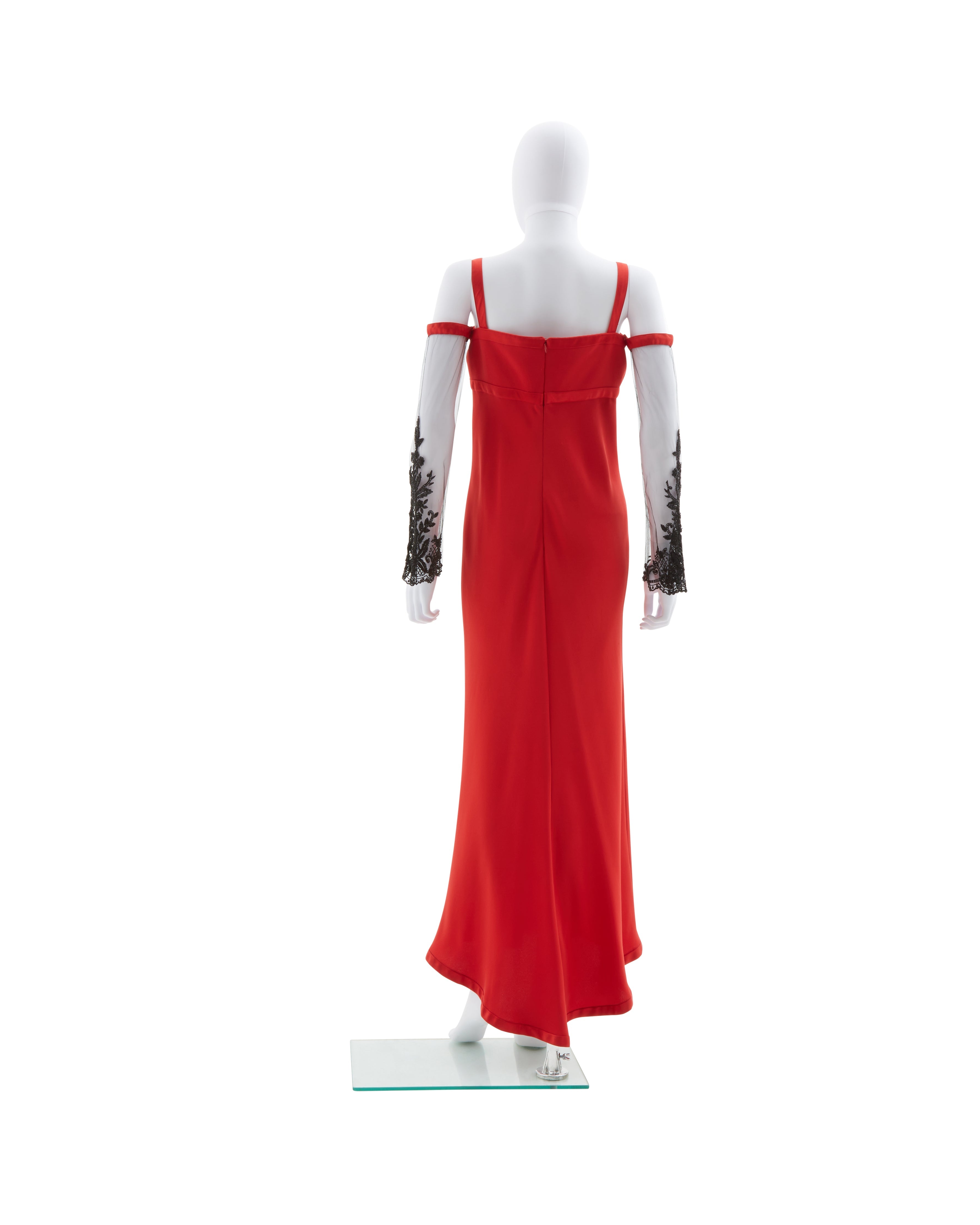 Valentino F/W 2005 Red evening dress with embellished lace sleeves