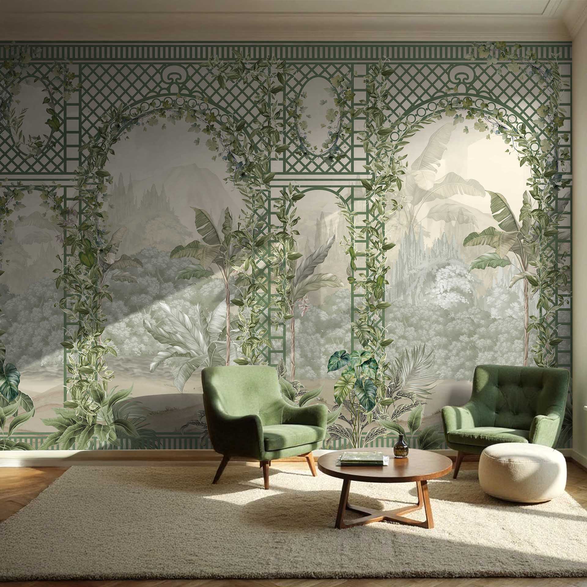Arched mural with intricate lattice, ivy vines, and lush greenery adorns a sunlit wall behind green armchairs and a round wooden table.
