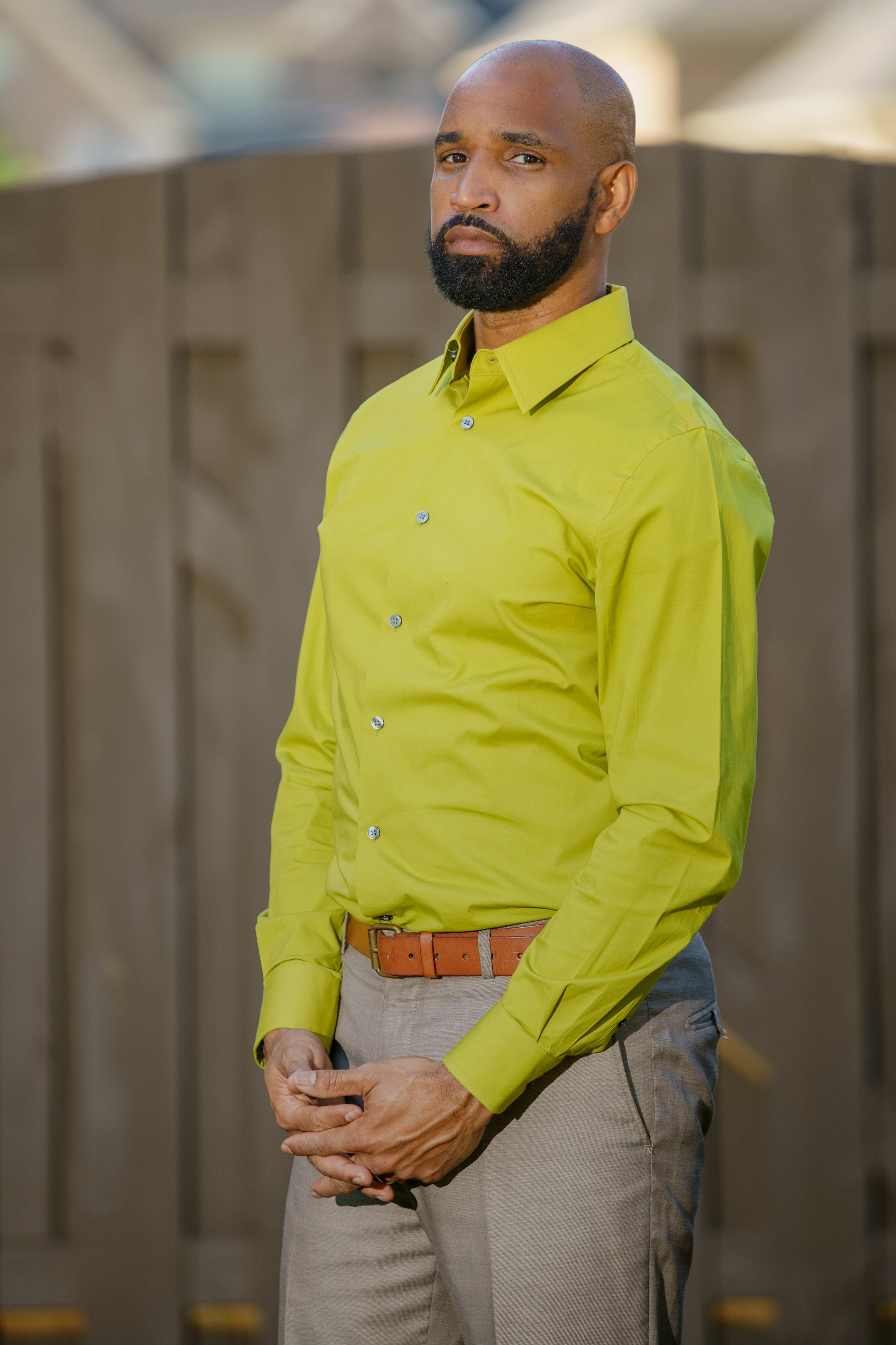 Express 1MX Men's Long Sleeve Fitted Chartreuse Shirt Size M 15-15 1/2