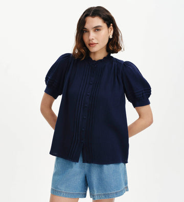 Teagan Navy Cotton Gauze Pintuck Puff Sleeve Blouse