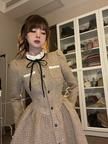 Korean Fashion Mini Women's Vintage Mini dress casual korea with Long Sleeves for Autumn Parties