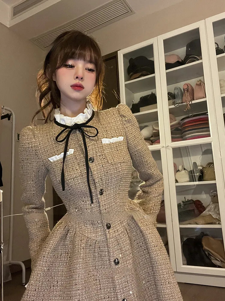 Korean Fashion Mini Women's Vintage Mini dress casual korea with Long Sleeves for Autumn Parties