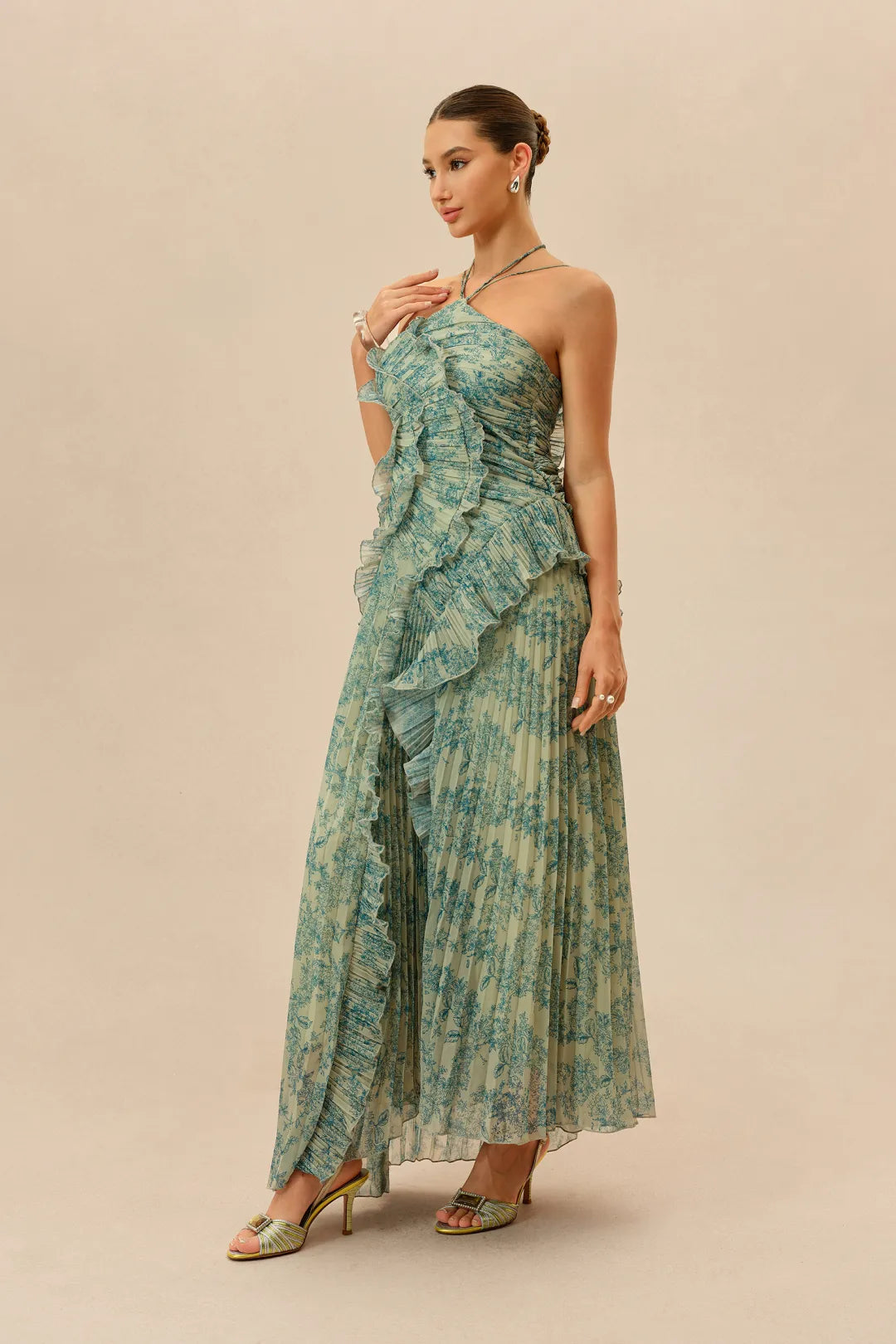 First Impression Dark Green Floral Print Ruffle Trim Maxi Dress
