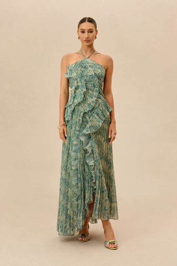 First Impression Dark Green Floral Print Ruffle Trim Maxi Dress
