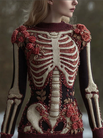 Comstylish Vintage Skeleton Roses Crew Neck Cozy Knit Sweater
