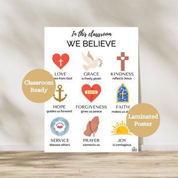 In this classroom we believe catholic poster for classrooms. Nine different values represented by icon. Laminated for classroom durability