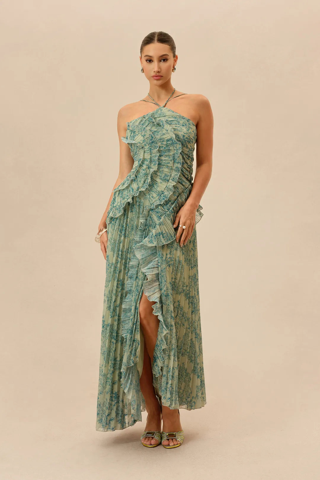 First Impression Dark Green Floral Print Ruffle Trim Maxi Dress