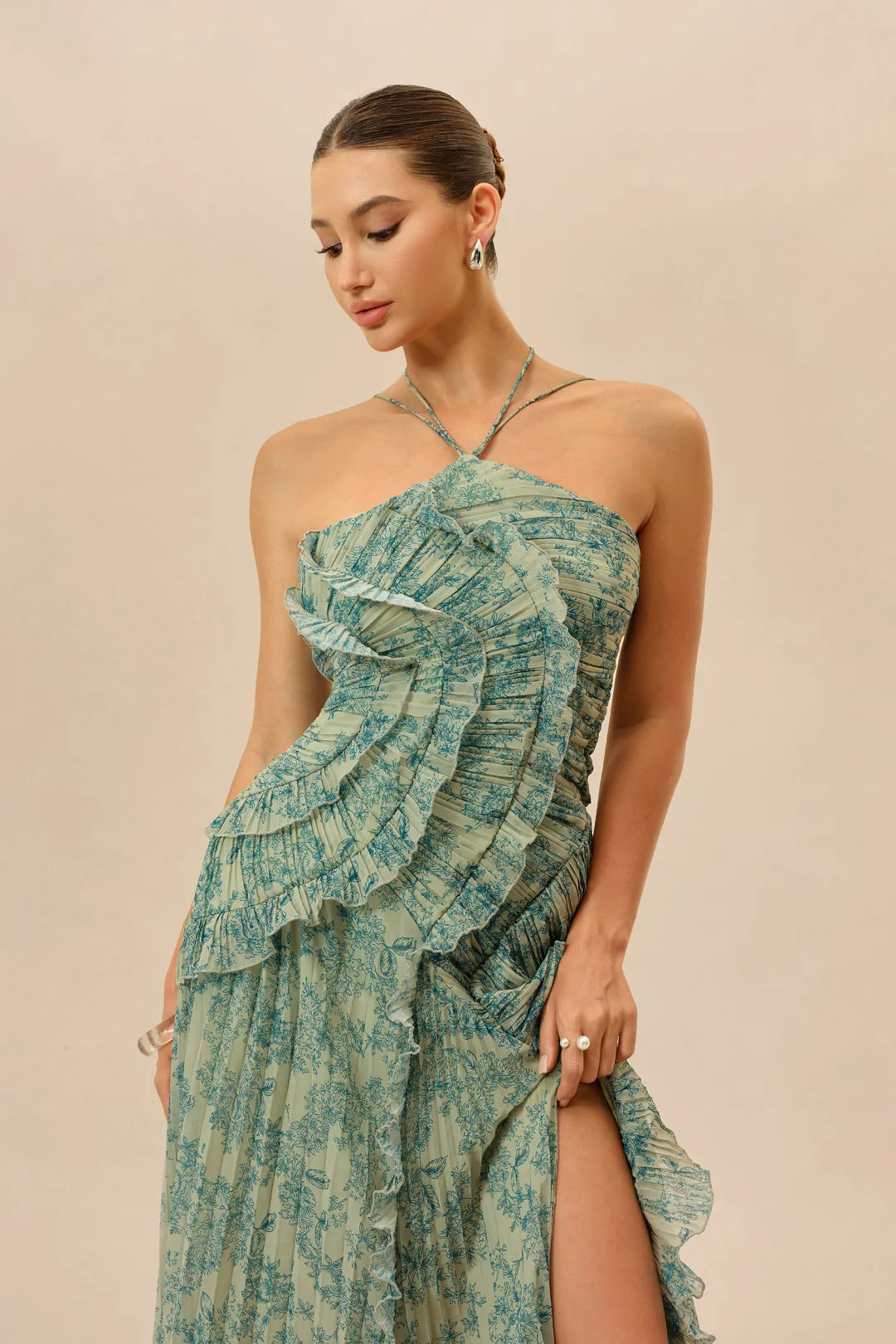 First Impression Dark Green Floral Print Ruffle Trim Maxi Dress