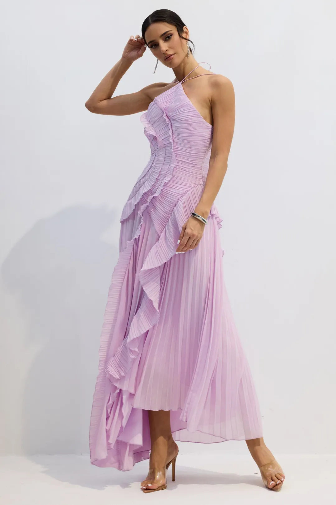 Nina Asymmetry Pleated Halterneck Midi Dress
