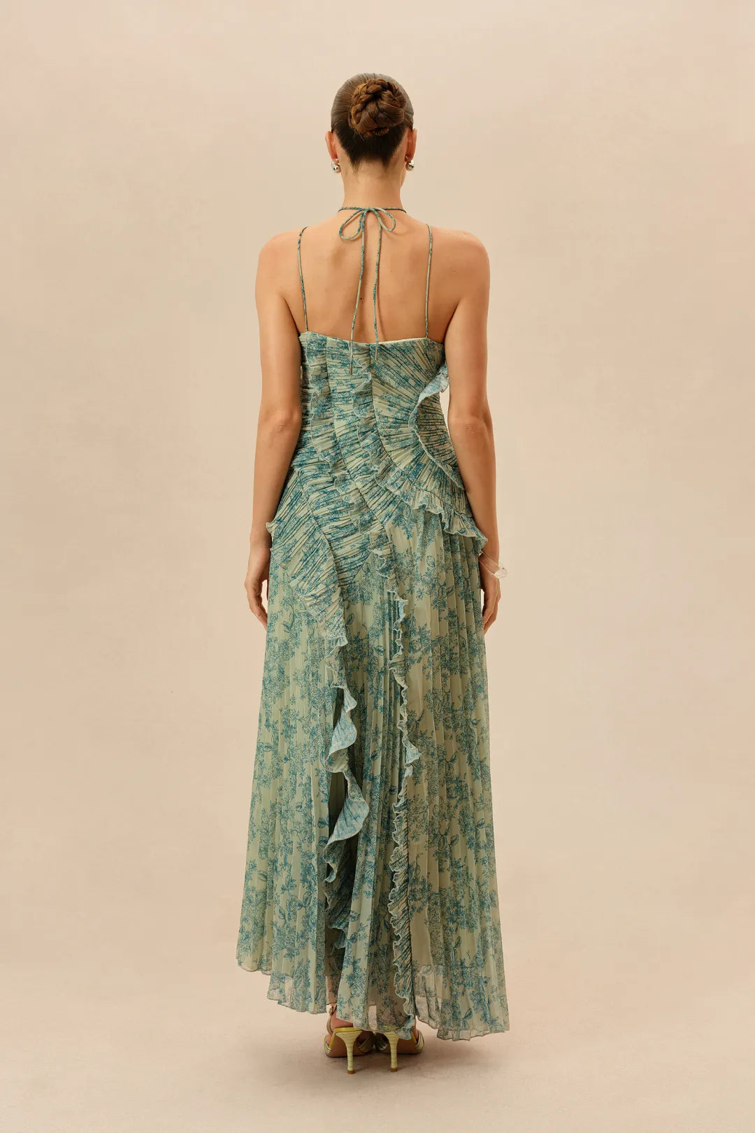 First Impression Dark Green Floral Print Ruffle Trim Maxi Dress
