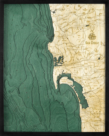 San Diego Wood Carved Topographic Depth Chart / Map - Nautical Lake Art