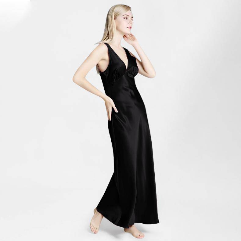Long Silk Nightgown For Women Wide Strap V Neck Silk Nightdress Black XS