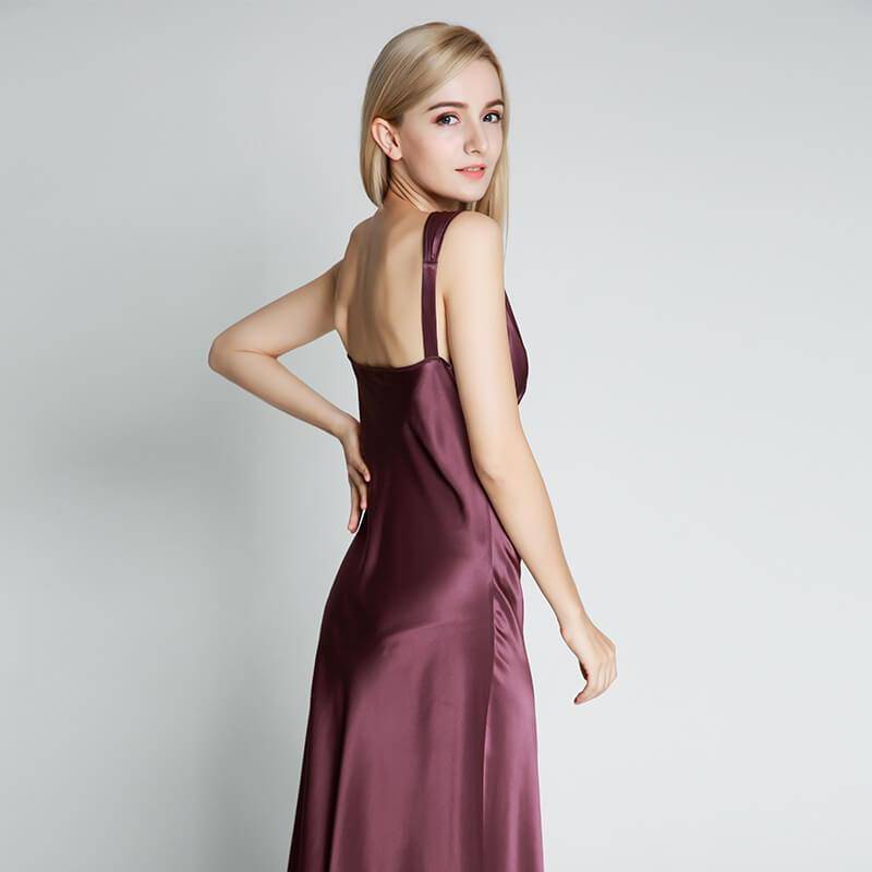 Long Silk Nightgown For Women Wide Strap V Neck Silk Nightdress Purple XS