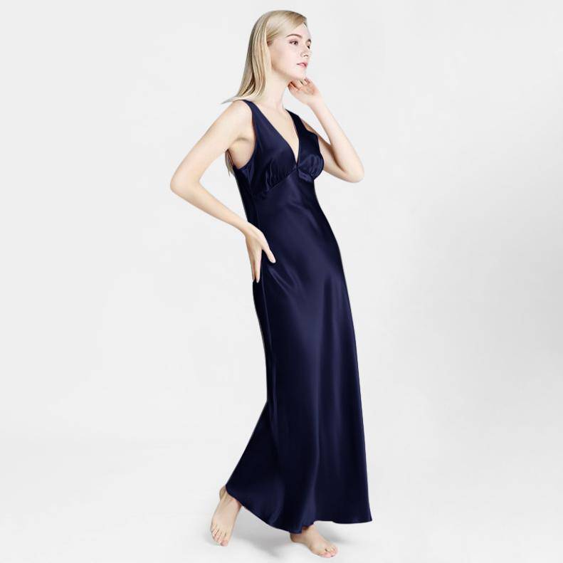 Long Silk Nightgown For Women Wide Strap V Neck Silk Nightdress Navy Blue XS