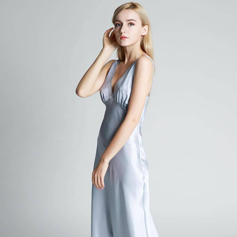 Long Silk Nightgown For Women Wide Strap V Neck Silk Nightdress Silver Blue XS