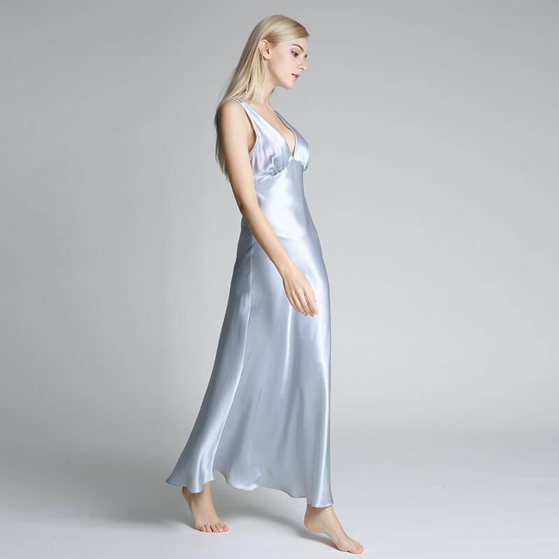 Long Silk Nightgown For Women Wide Strap V Neck Silk Nightdress Silver Blue XS