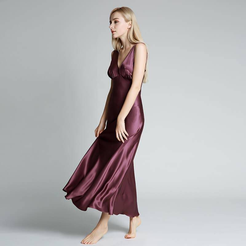 Long Silk Nightgown For Women Wide Strap V Neck Silk Nightdress Silver Blue XS