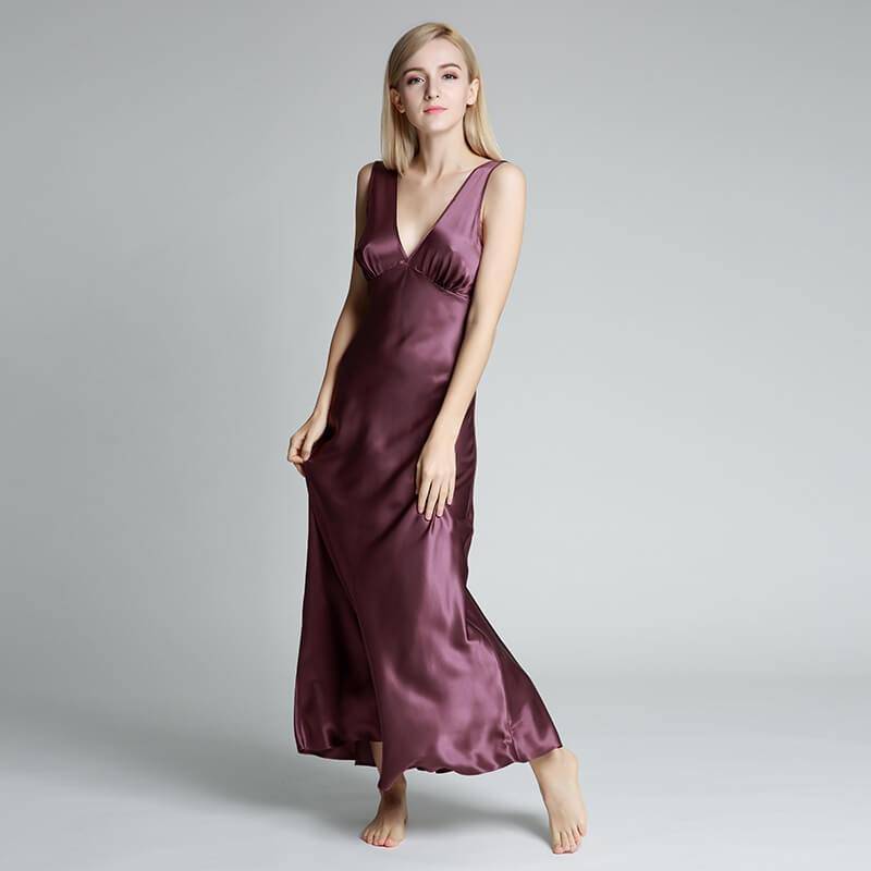 Long Silk Nightgown For Women Wide Strap V Neck Silk Nightdress Purple XS