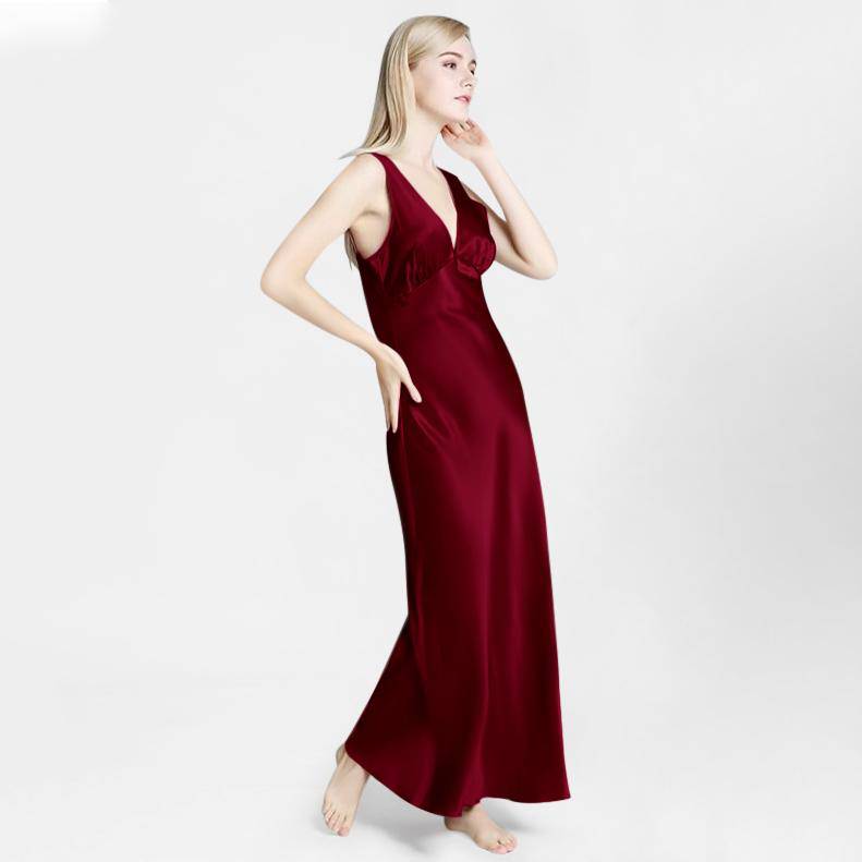 Long Silk Nightgown For Women Wide Strap V Neck Silk Nightdress Claret XS