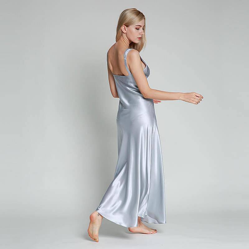 Long Silk Nightgown For Women Wide Strap V Neck Silk Nightdress Silver Blue XS