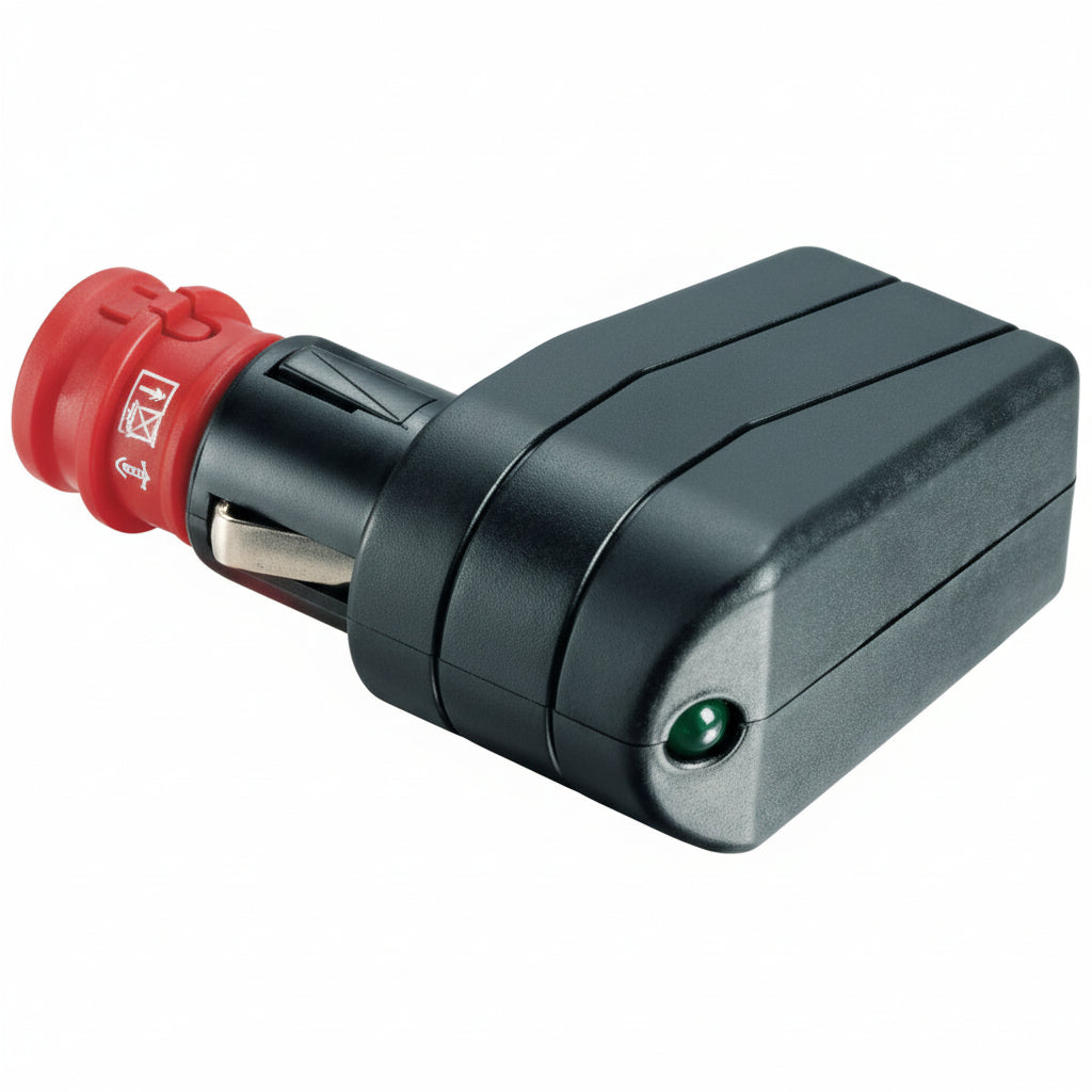 Universal-Winkelstecker 90° 12/24V 8A mit LED Sicherung Bajonettverrasterung