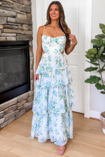 Bluebell Cut Out Floral Tiered Maxi Dress – Blue Multi