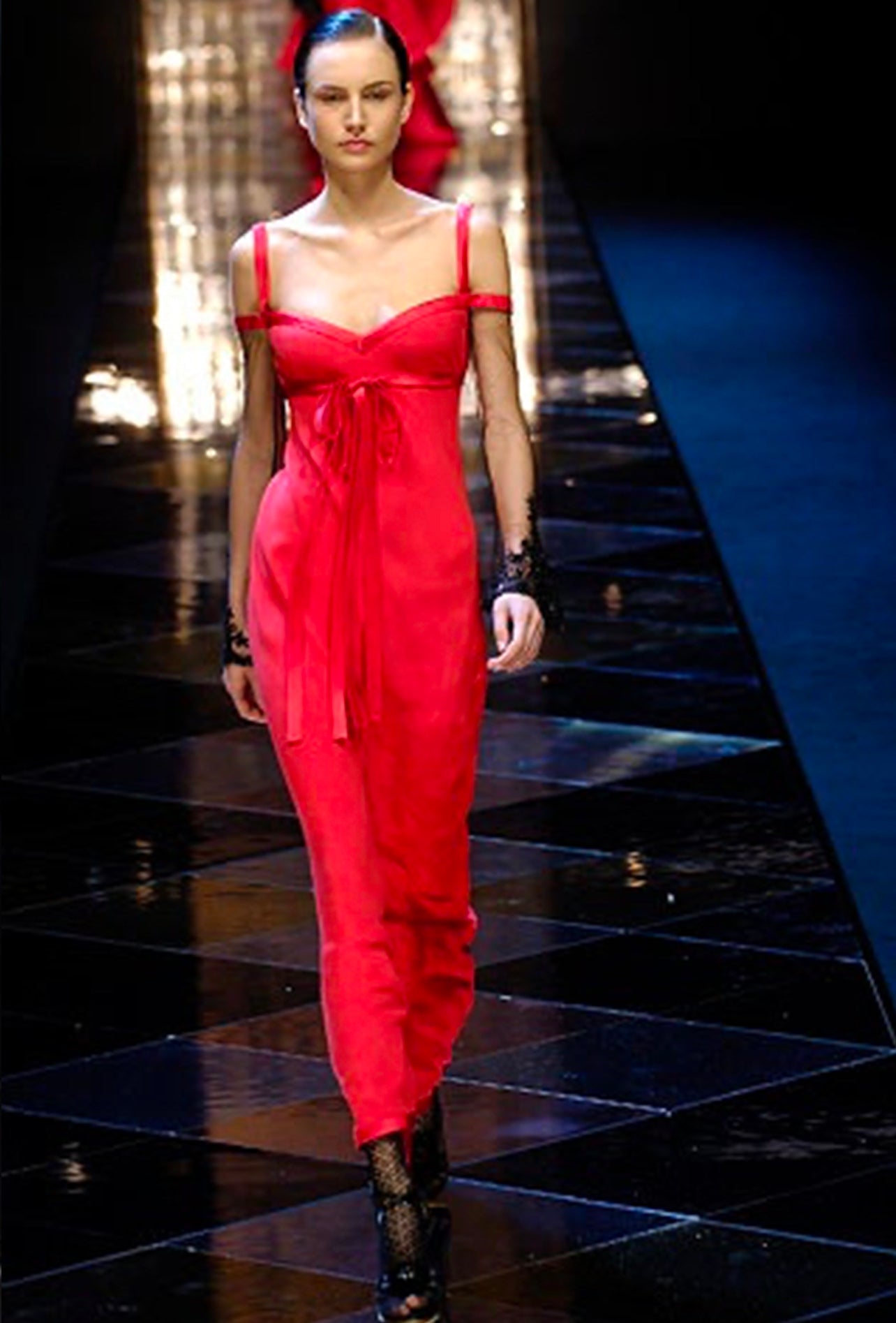 Valentino F/W 2005 Red evening dress with embellished lace sleeves